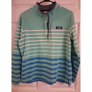 LL Bean Women's Rugby Henley Pullover Striped Teal Blue Ombre